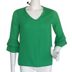 Arabella Vintage Blouse, S/M, Kelly Green, Ruffle Sleeve,Ribbon Tie neck/Keyhole